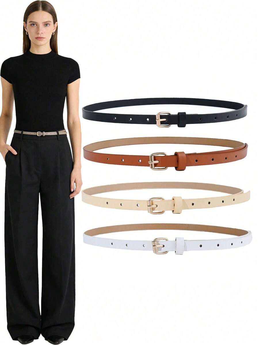 1/3/4pcs Geometric Buckle Skinny Waist Belt, Mixed Color Solid Versatile Waist Strap - Multicolor - View 1