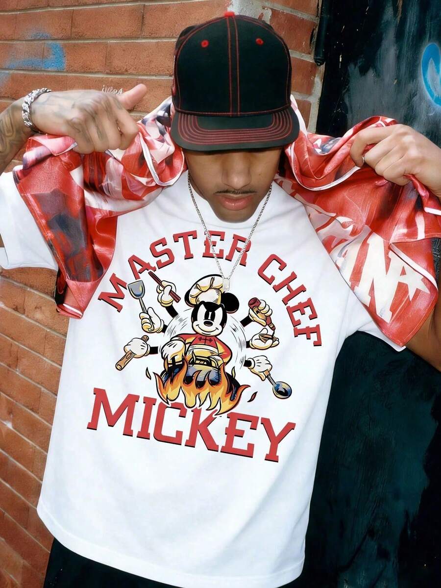 Master Chef Mickey Mouse Graphic Tee, Casual White Crewneck T-Shirt, Vintage Cartoon Chef Print Short Sleeve Cotton Top, Streetwear For Men And Women, Perfect For Everyday Wear, Casual Outings, Summer Street Style, Ideal Holiday Gift For Disney Fans, Breathable Comfortable All-Season Essential T-Shirt - 白色 - 查看 1