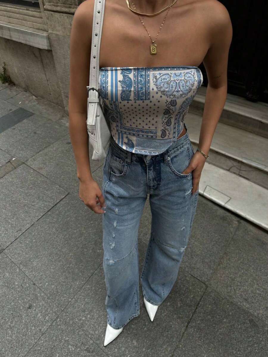 SQUALO نسائية سروال واسع الساق ملون بتفاصيل الجيوب ممزق، غسل عتيق بطراز الشارع، سراويل جينز واسعة الساق ممزقة ومقطوعة - أزرق بنفسجي - مشاهدة 1