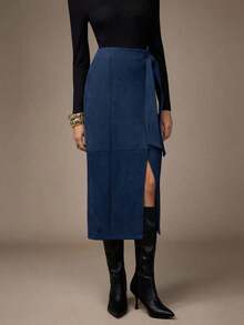 Falda midi elegante para mujer color gris oscuro, diseño asimétrico con abertura lateral y lazada, estilo premium para otoño e invierno - Azul - Ver 3