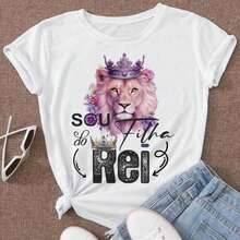 Unisex Short Sleeve Blouse, Plus Size, Neutral, 100% Cotton, Lion Print, Casual, Round Neck, Available In Brazil, 24h Shipping, Colors: Black And White - J2A - 查看 2