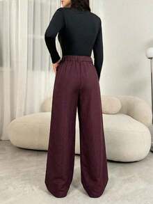 Pantalones plegados elegantes con bolsillos para mujeres maestras, pantalones de otoño/invierno de cintura alta, pantalones de pierna ancha, pantalones sueltos, pantalones holgados, pantalones de negocios profesionales para mujeres, pantalones - Burdeos - Ver 2