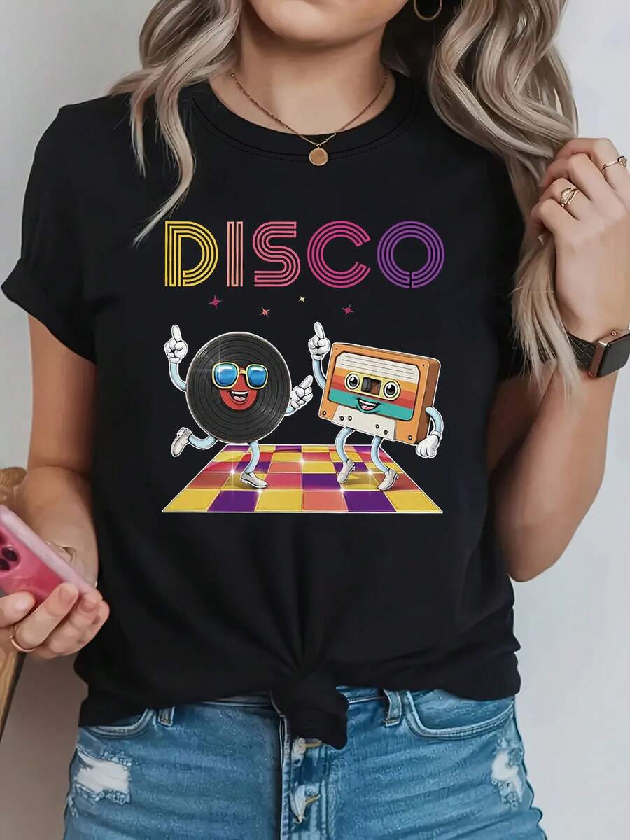Women's Retro 70s Disco T-Shirt - Vintage Ribbon And Crew Neck Short Sleeve Print, Not Suitable For Summer, Spring Casual Wear, Theme Outfits, Retro And Dance Events - 黑色 - 查看 1