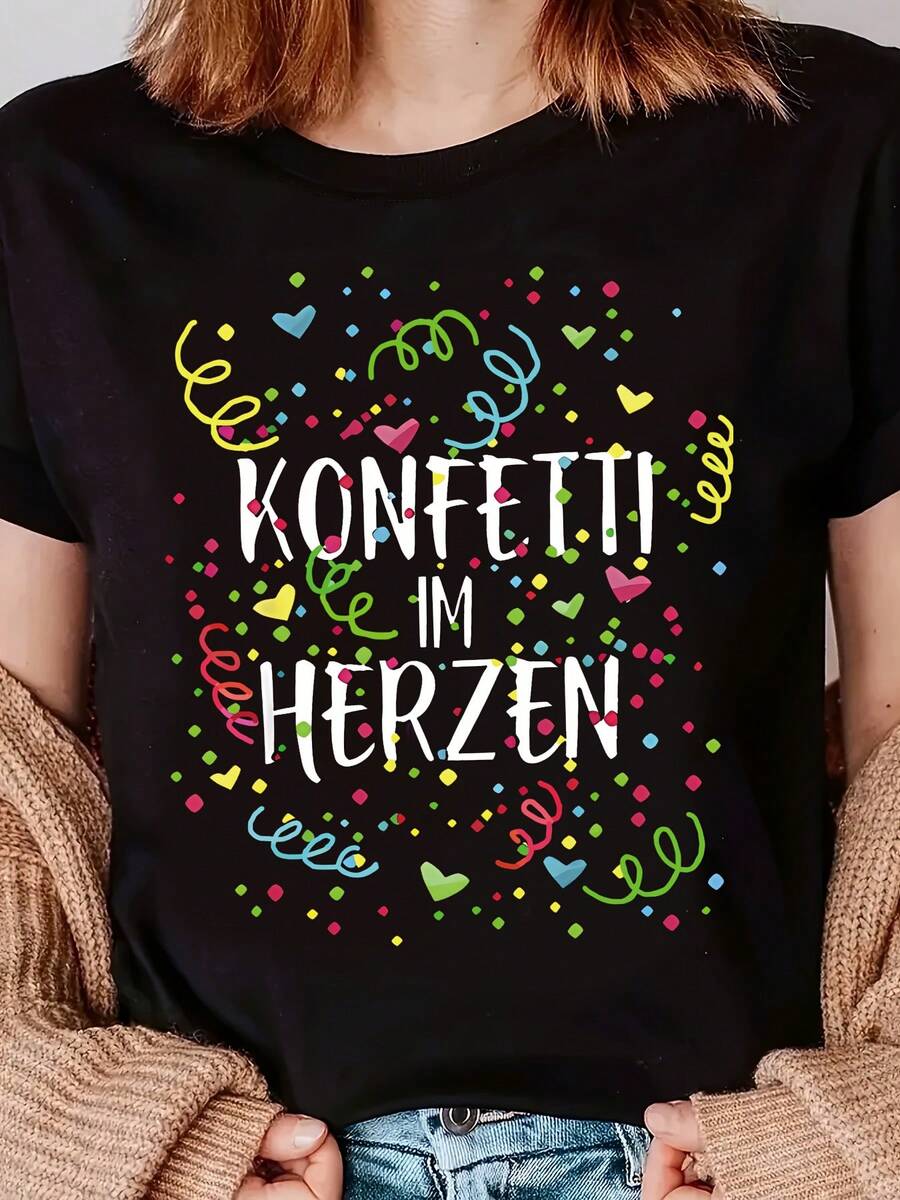 Women's KONFETTI IM HERZEN Confetti T-Shirt - Short Sleeve Round Neck Blouse Top with Heart Ribbon & Letter Print, Machine Washable Spring Summer Casual Wear Suitable for Parties, Everyday Outfits, Confetti