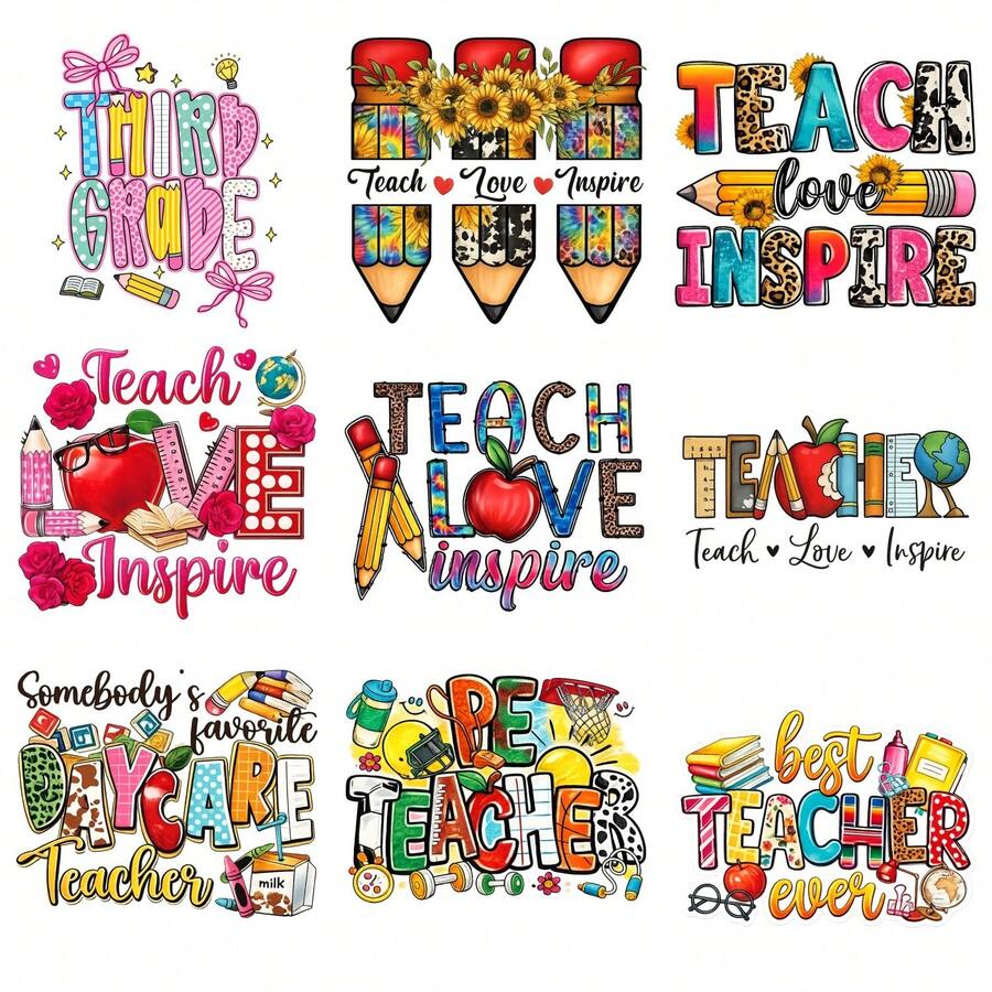 9 Sheets Teachers' Day Iron On Transfers,  DTF Transfer Ready to Press for T-Shirts,  Third Grade Teach Love Inspire Teacher Apple Pencil Books Sunflower Colors Fun Design , Easy Heat Transfer for Clothing, T-Shirts, Jeans, Backpacks, Hats & Pillows,  Washable Stickers Perfect for Casual Style, Ideal Gift for Women and Men. - Zufälliger Stil - Übersicht 1