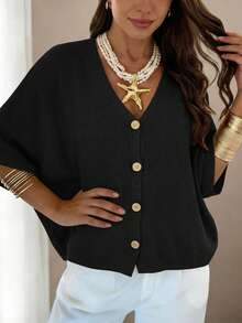 Women's Solid Color V-Neck Short Sleeve Domino Sleeve Front Button Loose Knit Cardigan, Casual Elegant Vacation Beach Party Outing Top Black - Black - View 5