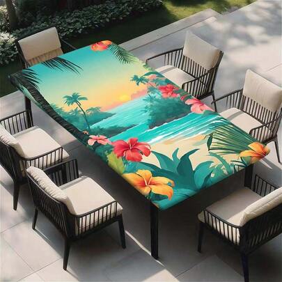 1 pieza Mantel de estilo chino elegante - Cubierta de mesa rectangular de poliéster, diseño exquisito de flores y paisaje marino, adecuado para comedor, fiesta festiva y decoración del hogar