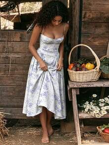 2026 Spring New Women's Clothing: Cross-Border European And American Dress, Elegant French Retro Waist-Cinching Strap Dress - 紫色碎花 - 查看 6