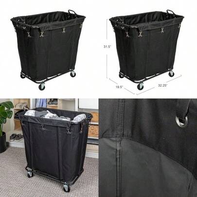Household Essentials - Carrito de lavandería comercial con ruedas rodantes forro de lona negro y marco de acero