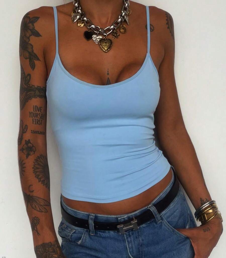 Women's Tank Top With Thin Straps, Y2K Polyamide, 2-In-1 With Appliqués, For The Beach. - 青碧色 - 查看 1