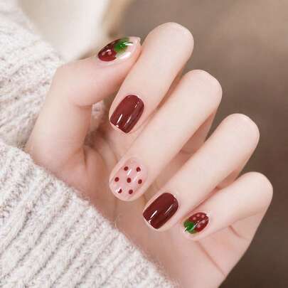 24pcs Cute Press-On Short Square Glossy Strawberry Red Artificial Nails With Accessories, Suitable For Outdoor Activities