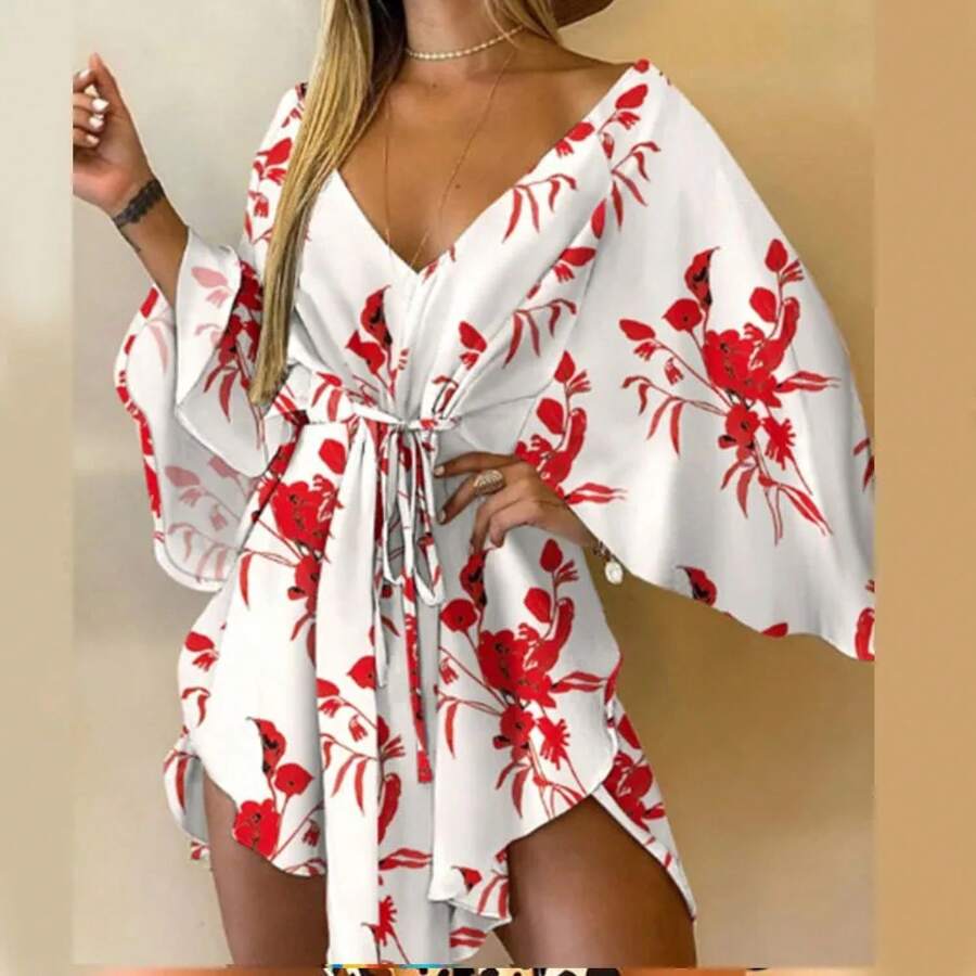 Vestido estampado para mujer, Sexy, con cuello en V, manga murciélago, volantes, estampado de flores, vestido veraniego bohemio para playa, Mini vestidos sueltos para vacaciones de verano - BLANCO - Ver 1