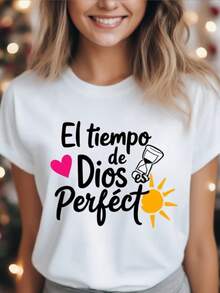 Camiseta Inspiradora Cristiana Espa￱ola para Mujer "El Tiempo de Dios es Perfecto" (God's Perfect Time) - 100% Transpirable, Cuello Redondo Blanco, Manga Corta, Ajuste Holgado Casual con Dise￱o de Vers￭culo B￭blico, Lavable a M£quina, Regalo C￳modo para Mujeres en Todas las Estaciones - Blanco - Ver 2