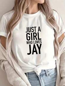 [Nueva Recomendación] Camiseta con Estampado Creativo de Letras y Jay, Casual para Mujer, Ideal para Vacaciones, Manga Corta y Cuello Redondo, Primavera/Verano, Lavable a Máquina, Nueva Colección de Ropa para Mujer, Versátil para Salir - Blanco - Ver 2