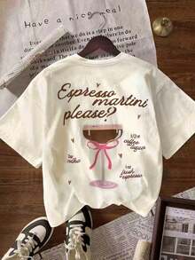 Espresso Martini, Blusas de verano para mujer, Vacaciones, Camisetas, Verano, Camisetas gráficas, Playa, Camiseta casual de cuello redondo y manga corta para mujer,Camiseta Gráfica Vintage Oversized Mujer Algodón - albaricoque claro - Ver 3