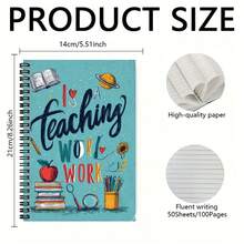 1pc "I Love Teaching" Themed Spiral Notebook, Cover Decorated With Book, Apple, Pencil Elements, Fresh And Educational Atmosphere. 100 Pages High Capacity, Suitable For Work Records, Study Notes, Daily Plans, Etc. Thoughtful Gift Choice For Graduation, Birthday And Other Occasions To Write Beautiful Moments. - E - View 2