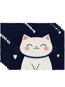 2pcs Cute Smiling White Cat Pattern Placemats, Japanese Cartoon Sweet Style, Heat Resistant Easy To Clean Washable, Suitable For Kitchen Home Indoor Outdoor Tabletop Coffee Bar Dining Table Tea Party - Navy Blue - View 10