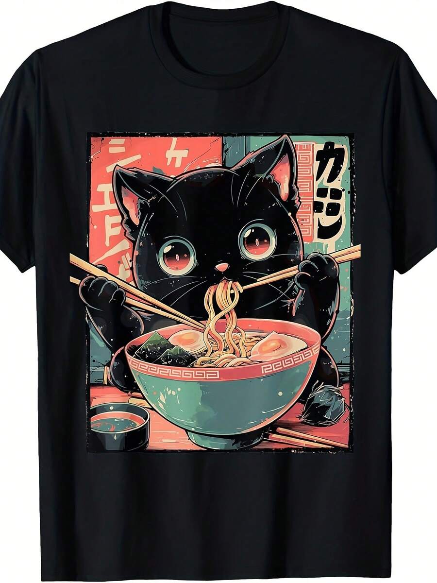 Unisex T-shirt med Söt Katt som Äter Ramen - Japansk Katt- och Ramen-skåldesign, T-shirt i Ren Bomull med Rund Hals, Lämplig för Vardagsbruk och Anime-konferenser - Unisex-kläder i Mjukt Tyg, Färgstark Design, Passar för Fest & Vardagsbruk, Perfekt för Semester & Lek, Utmärkt för Fester & Familjesemester, Street Style, Trendigt Mode - Svart - Visa 1
