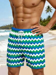 Men's Drawstring Waist Wave Print Casual Beach Shorts - Multicolor - View 3