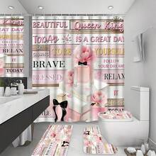 1/4pcs Pink Floral Pattern Bathroom Decor Set, Including Bathroom Curtain, Shower Curtain With Inspirational Quotes, Rug And Accessories, Girly Fragrance Bathroom Set - A - View 3