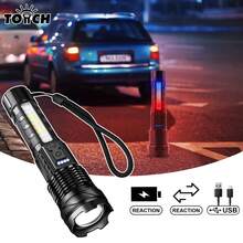 Ultra-Bright Rechargeable LED Flashlight, LED+COB Torch, FREE, Zoomable Floodlight - USB Rechargeable, With Battery, For Camping, Fishing, Hunting, Adventure Emergencies, Perfect For Father' Day Gifts, Holiday Emergencies Lighting - Ultra-Bright Rechargeable LED Flashlight - 查看 1
