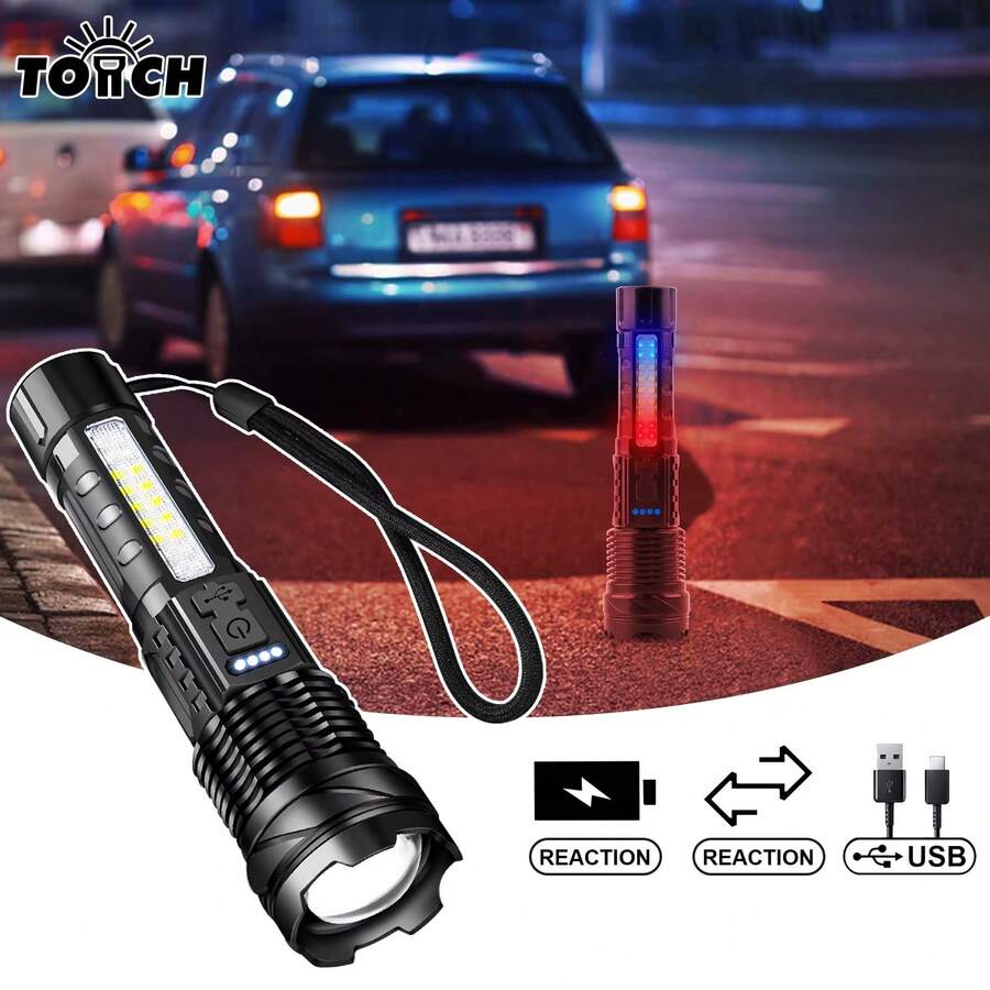 Ultra-Bright Rechargeable LED Flashlight, LED+COB Torch, FREE, Zoomable Floodlight - USB Rechargeable, With Battery, For Camping, Fishing, Hunting, Adventure Emergencies, Perfect For Father' Day Gifts, Holiday Emergencies Lighting - Ultra-Bright Rechargeable LED Flashlight - 查看 1