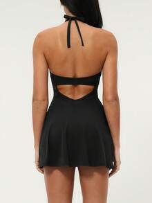 TimeOff 1pc Women's Lace Halter Backless Slit Dress With Lining And Pockets, Anti-Flashing Design Sports - Black - View 3