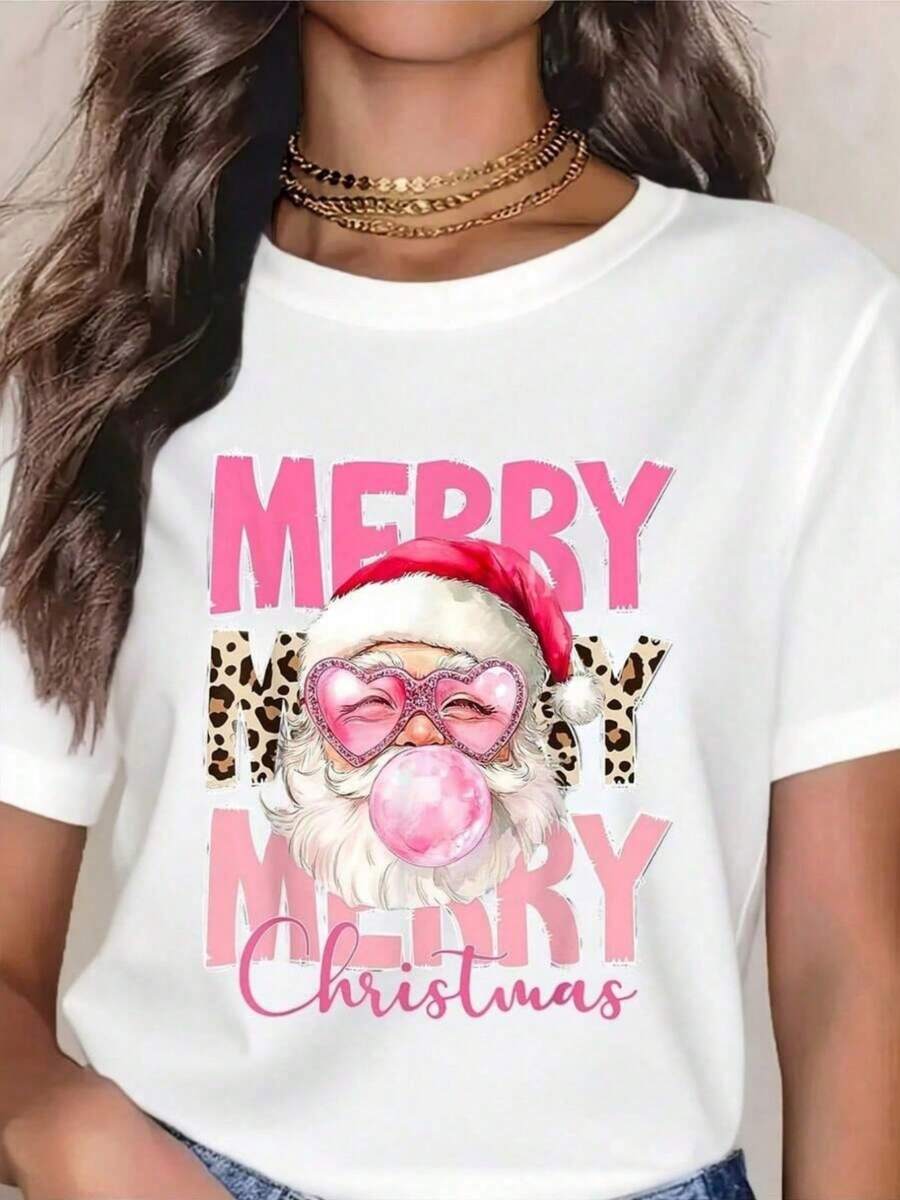 Women's Christmas Clothing Cottonblend Women's T-Shirt Comfortable Fabric With Relaxed Fit Suitable For Casual Wear And Parties Fashion Print Anime Halloween T-Shirt Round Neck Christmas Women's T-Shirt Machine Washable Local Delivery - 黑色 - 查看 1