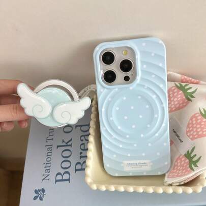 1pc Cute Angel Wings Cartoon Magnetic Phone Holder, Fits Any Phone, Made Of Acrylic With 3D Wings Design, Blue & White Polka Dot Refreshing Color, Rotatable Magnetic Ring, Compact & Portable. Precisely Hits The Spot For Soft & Cute Girls, Students, Cute Style Lovers, And Commuters; Suitable For Daily Streaming, Selfie