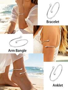 4pcs/Set Metal Minimalist Summer Vacation Style Adjustable Flower & Geometric Water Drop Bangle Bracelet Set - Flower Geometric AT041 Silver - View 8