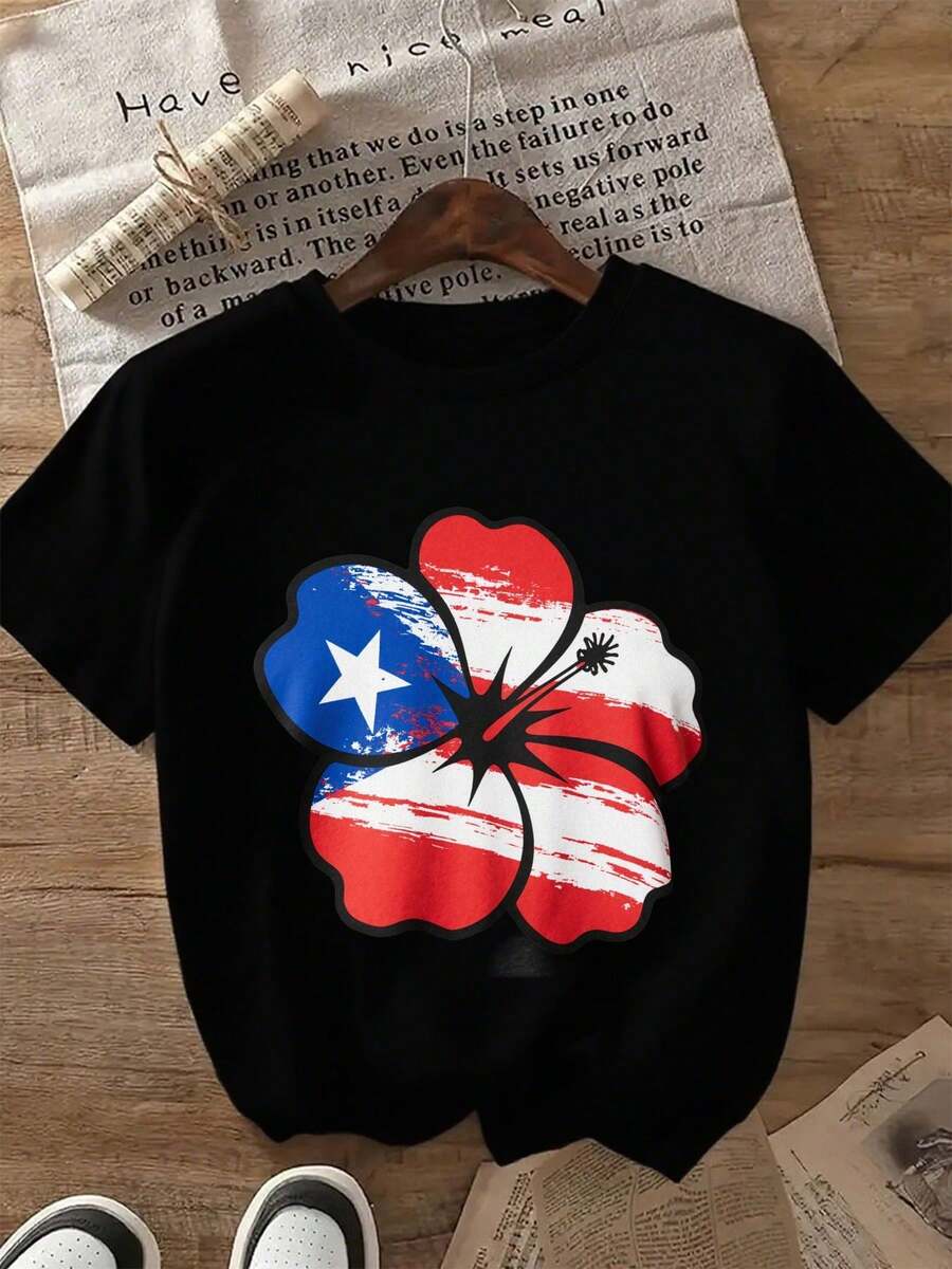 Stylish 's T Shirt - Short Sleeve Slim Fit Casual Graphic Tee Featuring Large Hibiscus Flower Design In Puerto Rico Flag Colors - Unique Brushstroke Effect On Floral Print | Perfect For Casual Wear And Showcasing Island Pride | Eye-Catching Graphic Tee For Any Occasion, Only One Piece Of Clothing - 黑色 - 查看 1