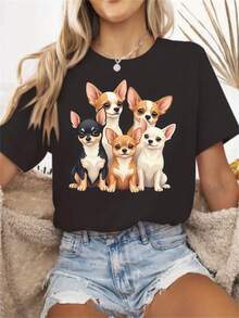 Women's Cute Chihuahua Puppy T-Shirt - Elastic Comfort Fit Short Sleeve Crew Neck With Colorful Dog Graphic, All Season Casual Wear For Summer And Everyday Outfits (Black With Chihuahua Design) - Machine Washable Pet Lover Clothing - 黑色 - 查看 1