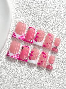 10Pcs Sweet Style Handmade Nail Art Set,Unghie Press On,Transparent Flat Bottom Rhinestones,Flowers And Water Ripples,Pink And White Nail Polish,Includes Nail Tools,3 Sizes Available,Almond Nails , Duck Nails,Coffin Nails For Party, Dance, Daily Wear - 彩色 - 查看 15