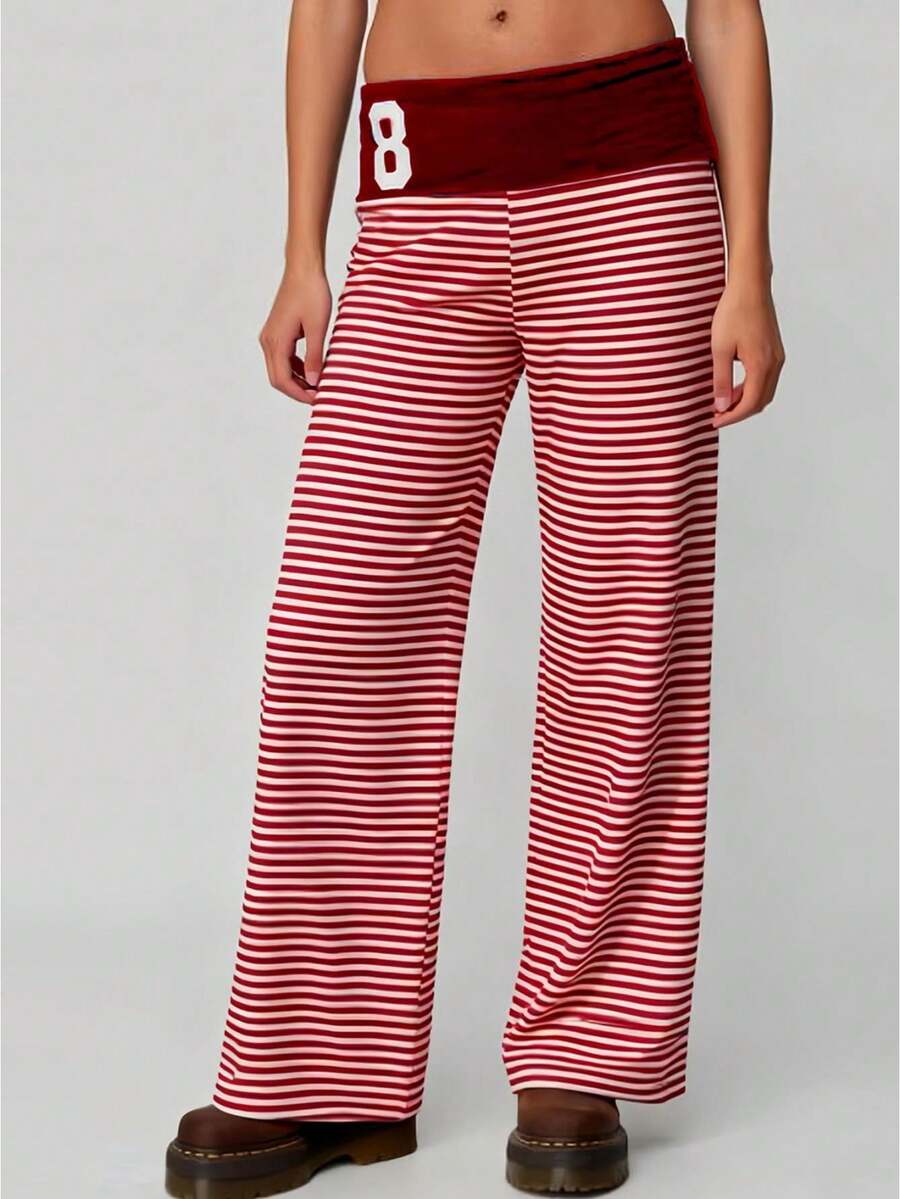 Women's Casual Trousers Y2K Low Waist Loose Fit Flare Pants for Daily Wear - Rosa Fucsia - Ver 1