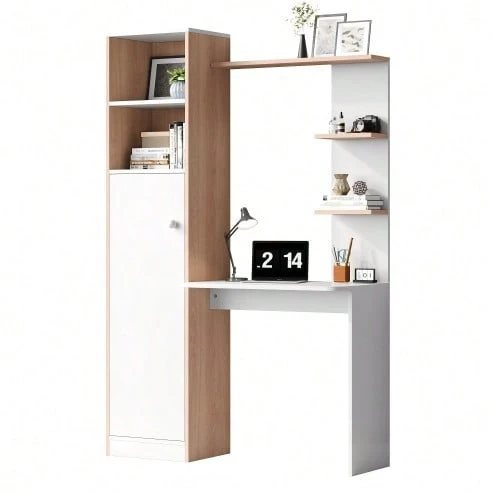 Desk/Work Table With Storage – White With Contrasting Slatted Wooden Top, Lower Cabinet With Doors And Open Upper Shelf, Office Design, 123.5 X 45 X 168.5 Cm - Putih - View 1