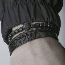3件套男士菠萝珠、豹纹编织、锆石不锈钢手链套装 - 黑色 - 查看 3