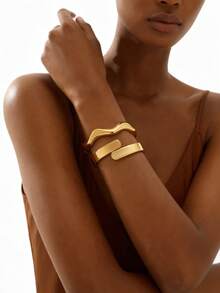 1 pieza Brazalete de tono dorado minimalista y versátil, diseño de onda simétrica, adecuado para uso diario, fiestas, vacaciones, citas, festivales de música y sesiones de fotos - Dorado - Ver 1