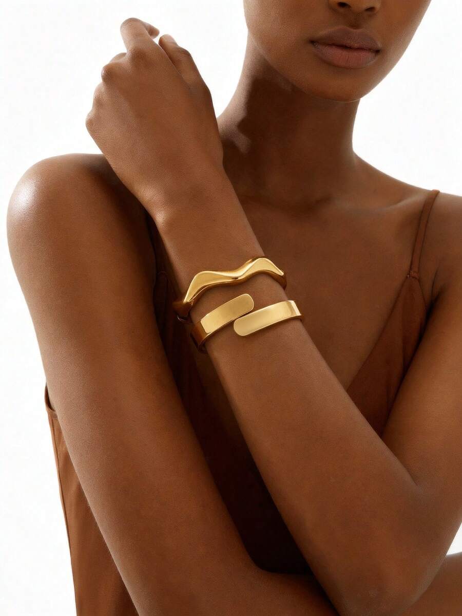 1 pieza Brazalete de tono dorado minimalista y versátil, diseño de onda simétrica, adecuado para uso diario, fiestas, vacaciones, citas, festivales de música y sesiones de fotos - Dorado - Ver 1