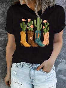Women'S Cowgirl Western Short Sleeve T-Shirt - Letter Print Round Neck Top With Cowgirl Graphics, Spring Summer Casual Blouse For Casual Attire & Western Theme Outfits - 黑色 - 查看 1