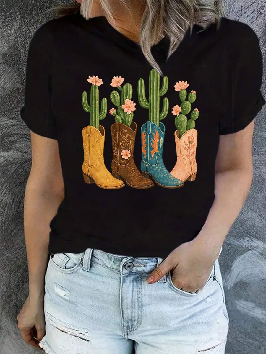 Women'S Cowgirl Western Short Sleeve T-Shirt - Letter Print Round Neck Top With Cowgirl Graphics, Spring Summer Casual Blouse For Casual Attire & Western Theme Outfits - 黑色 - 查看 1