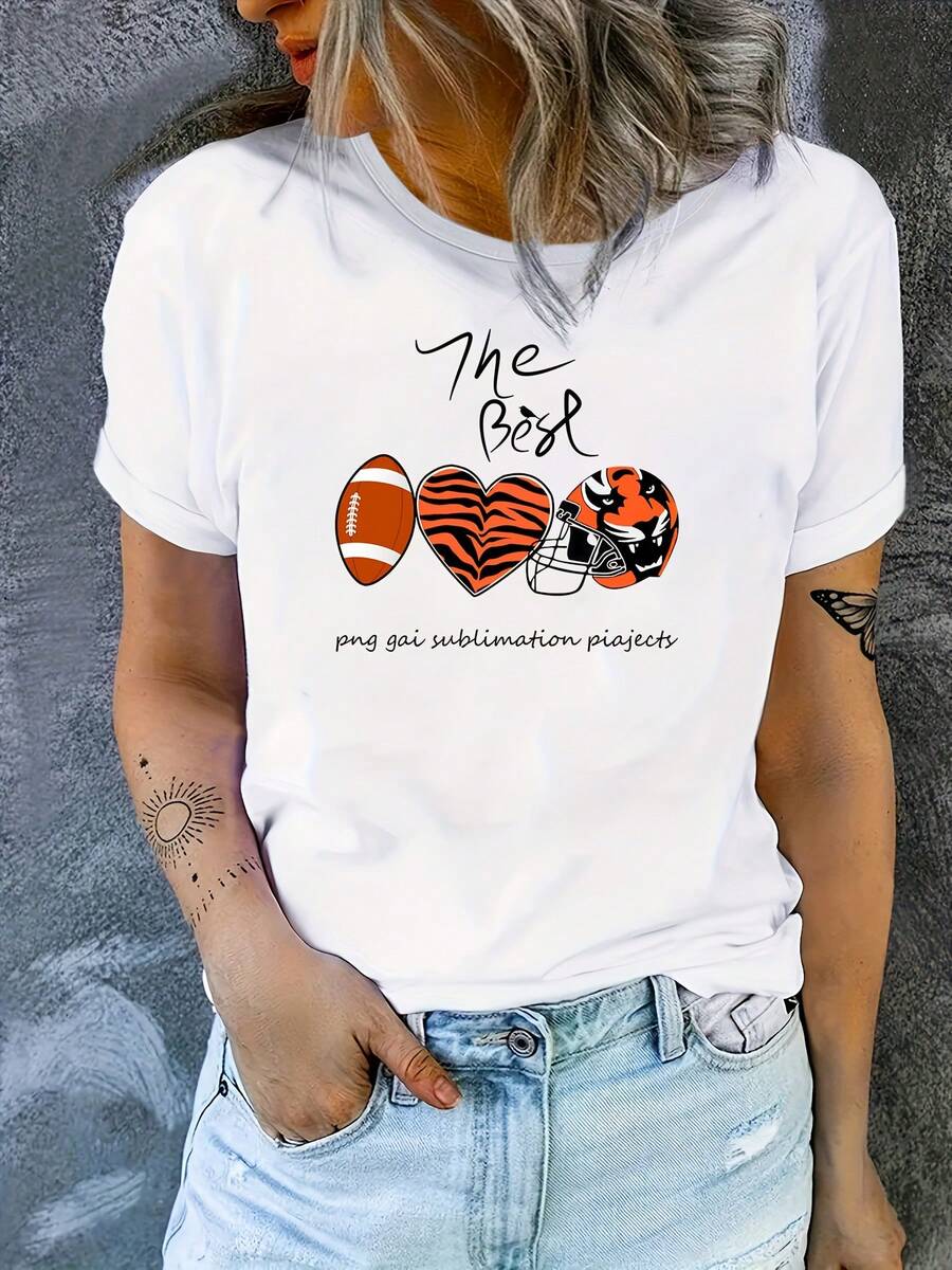 Football Rugby And Heart And Animal Graphic Soft Comfortable Sport T-Shirt, Casual Round Neck Short Sleeve Tops, Women's Activewear - 白色 - 查看 1