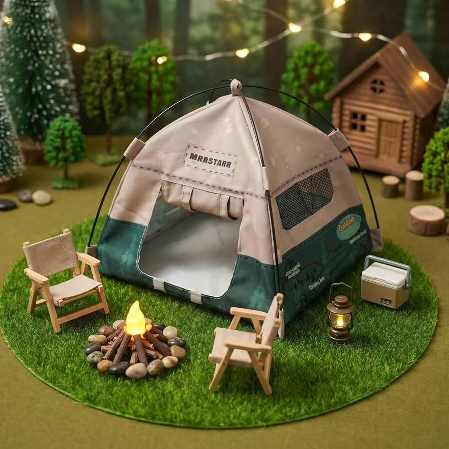 Miniatura de barraca de camping artesanal, ideal para decorações de Natal, Halloween e Páscoa.
