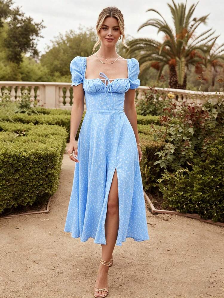 2026 Spring New Women's Clothing: Cross-Border European And American Dress, Elegant Floral Print Long Dress With Slit And Tie - 天藍小碎花新花 - 查看 3