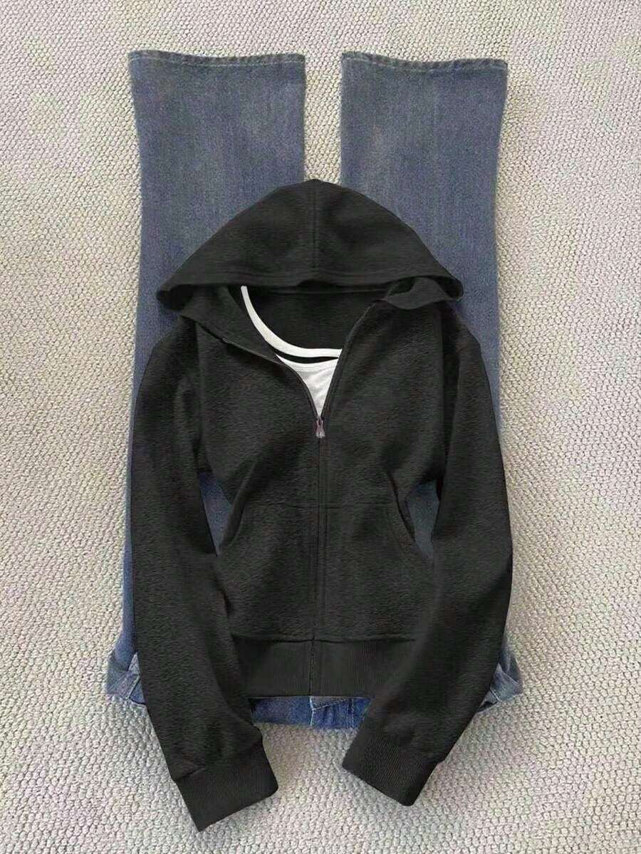 Sudadera con capucha y cremallera para mujer, color negro sólido, manga larga, bolsillo canguro, puños y dobladillo elásticos, estilo casual y deportivo, ideal para todo el año, uso diario, actividades al aire libre, gimnasio, escuela, combinaciones con jeans, leggings y pantalones deportivos - Gris Oscuro - Ver 1