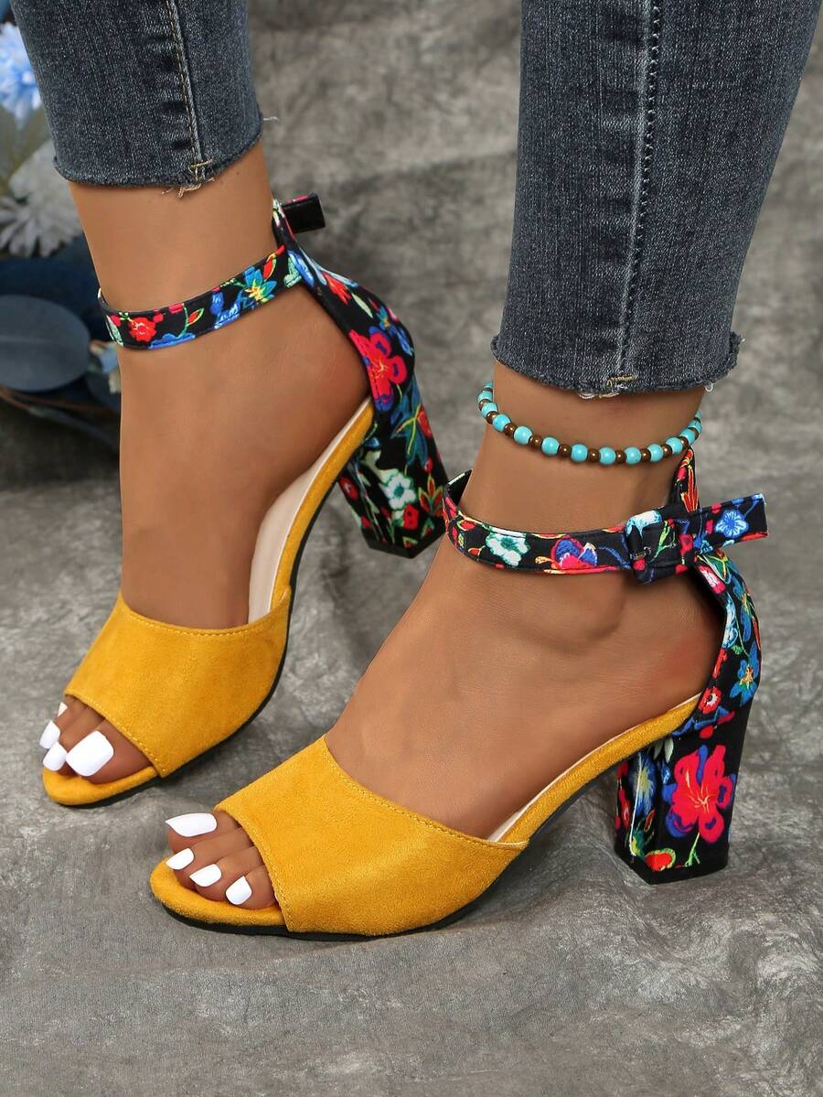 Women's Chunky Heel Open Toe Casual Sandals, Fashion High Heel Sandals With Back Zipper - Yellow - View 1