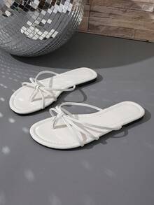 Women's Plus Size Casual Outdoor Flat Sandals, Fashionable Criss-Cross PU Leather Thong Sandals For Beach, Vacation, Spring/Summer - White - View 6
