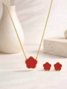 Bộ trang sức 3 món thanh lịch hình cỏ năm lá và hoa bằng thép không gỉ dành cho nữ, mạ vàng 18K không bị xỉn màu, dây chuyền và bông tai dạng đinh tán, chống thấm nước và chống dị ứng, dây đeo xương đòn, trang sức tối giản sang trọng, quà tặng cho người yêu. - Bộ hoa đơn năm cánh - Xem 8