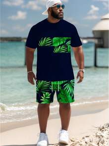 Plus Size Men Palm Tree Print Vacation Short Sleeve Set Plus Size Green Plant Print 2-Piece Set, Casual And Workout Drawstring Suit, Summer - Multicolor - View 2