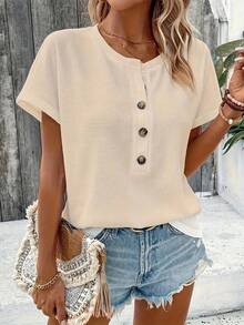 Camiseta grande de manga corta de color sólido para mujer, novedad de verano, holgada con cuello en V, informal, combina con todo, manga de tres puntos b, Europa y América - XING - Ver 1