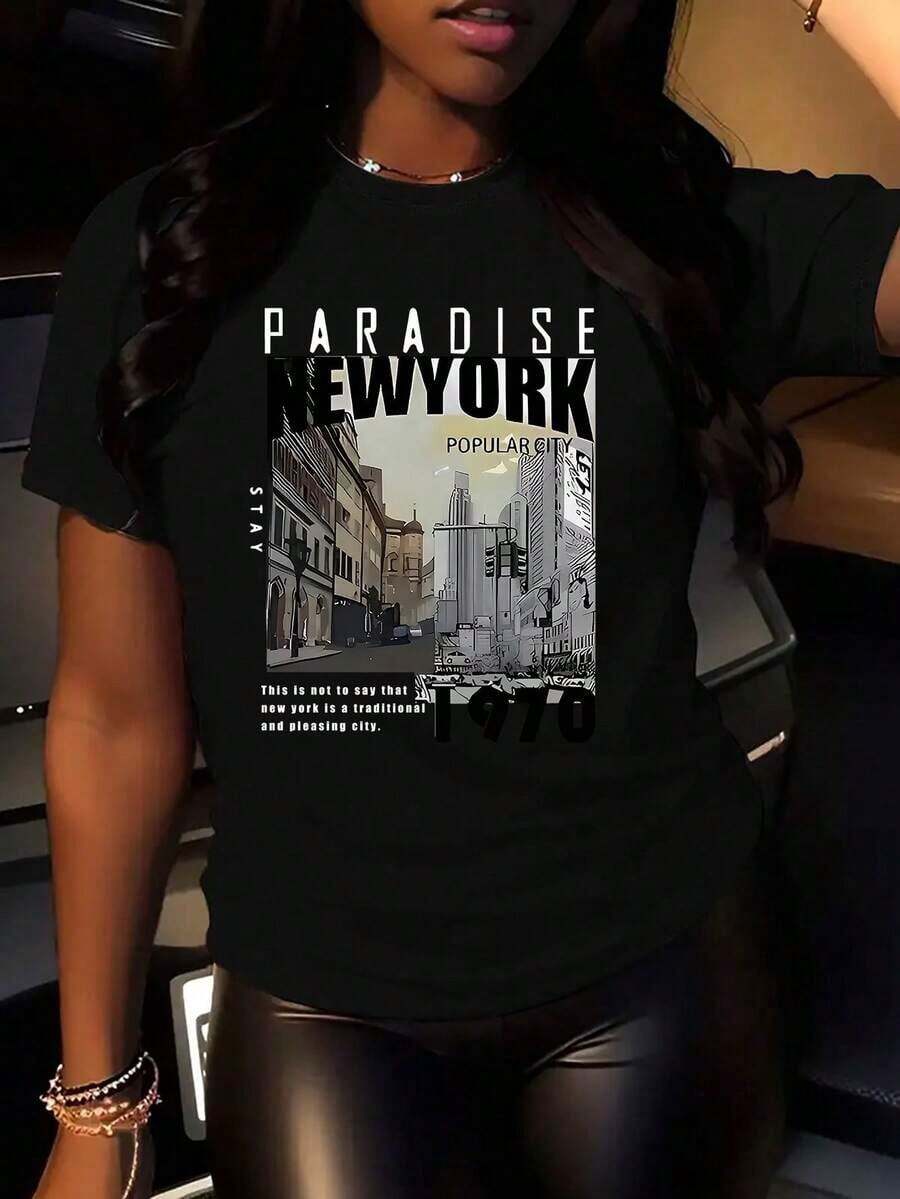 Camiseta de Mujer con Estampado Retro de Nueva York - Camiseta Ligera de Poliéster, Escena Urbana de Paradise NYC (Skyline de los años 70), Color Beige Claro y Diseño Retro, Adecuada para Uso Diario u Ocasiones Especiales - Camiseta Casual Lavable a Máquina, Camiseta Retro, Camiseta para Todas las Temporadas, Moda Nostálgica, Tela Medio Elástica, Estilo Urbano, Material Transpirable, Camiseta de Cuello Redondo, Esencial para Amantes de la Moda, Ropa Holgada y Cómoda para Primavera, Camiseta Unisex de Algodón de Manga Corta con Cuello Redondo, Estilo Urbano Vintage para Verano. - Negro - Ver 1